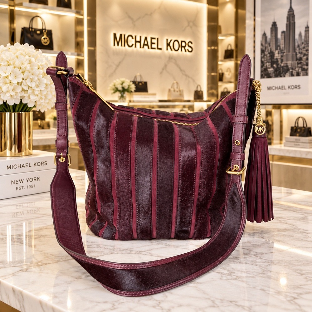 Michael Kors‎ Limited Edition Haircalf Leather Crossbody Bag Burgundy Striped